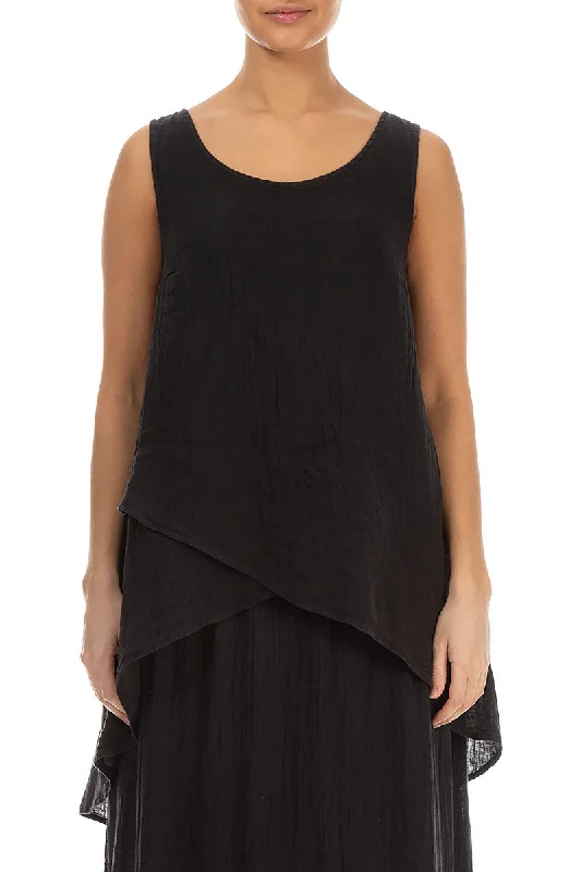 Longer Back Sleeveless Black Gauze Linen Blouse