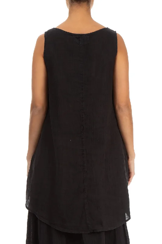 Longer Back Sleeveless Black Gauze Linen Blouse