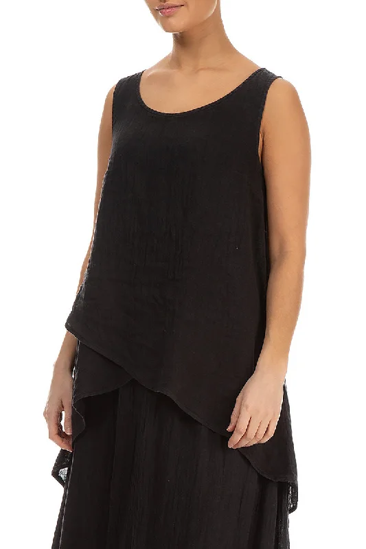 Longer Back Sleeveless Black Gauze Linen Blouse