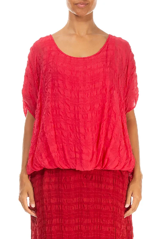 Loose Boxy Bright Red Textured Silk Blouse