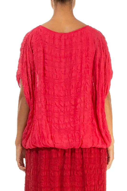 Loose Boxy Bright Red Textured Silk Blouse