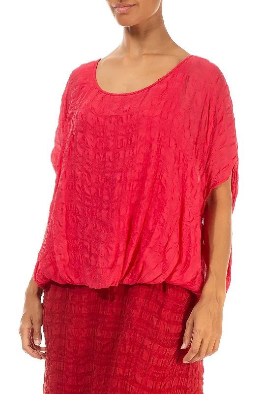 Loose Boxy Bright Red Textured Silk Blouse