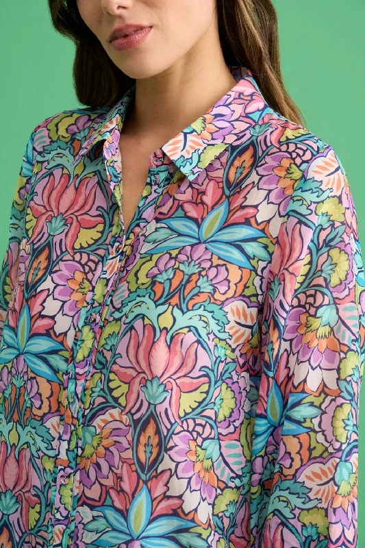 Printed Cotton Silk Shirt - Lotus Print