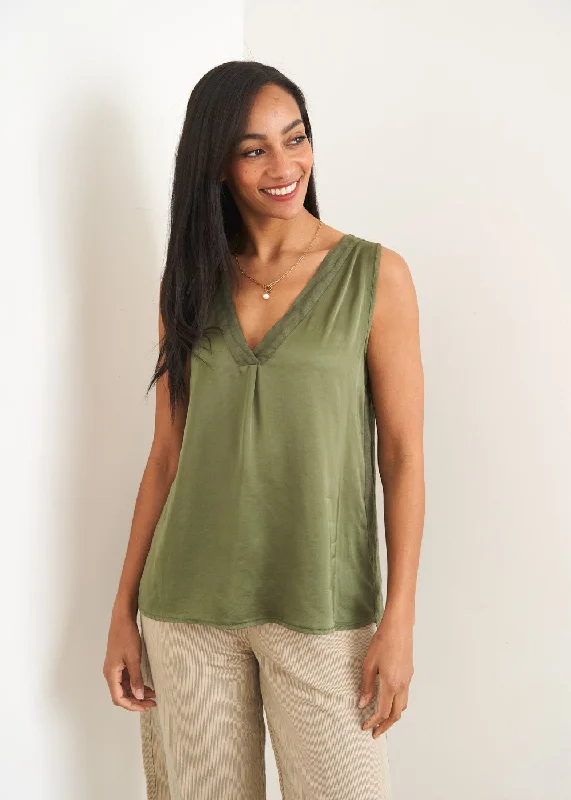 MIA LINEN BACK SLEEVELESS TOP - KHAKI