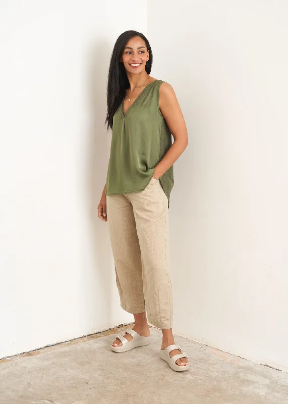 MIA LINEN BACK SLEEVELESS TOP - KHAKI