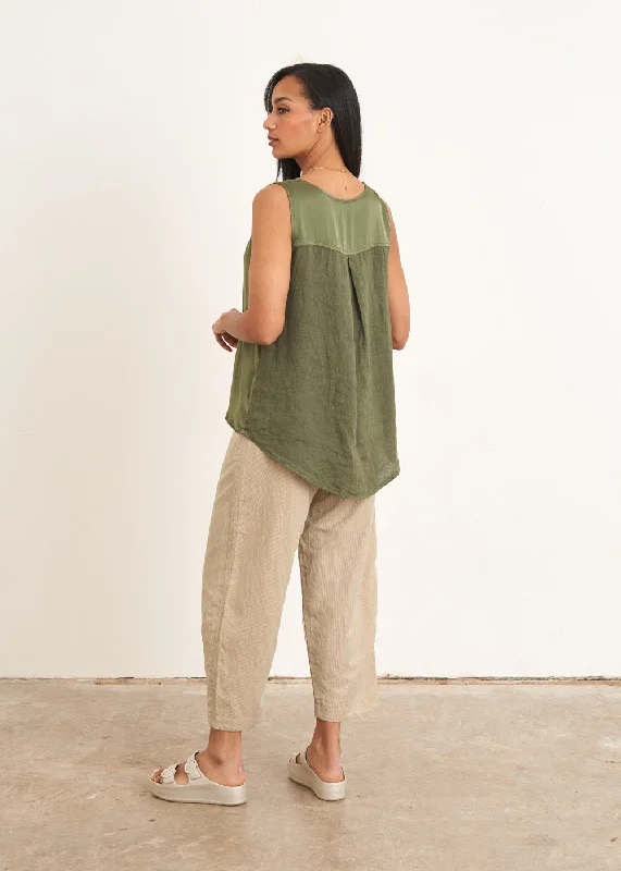 MIA LINEN BACK SLEEVELESS TOP - KHAKI