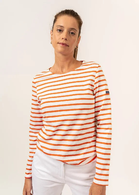 MINQUIDAME - Breton Striped Shirt with Long Sleeve | Soft Cotton | Women Fit (WHITE / NEON ORANGE)