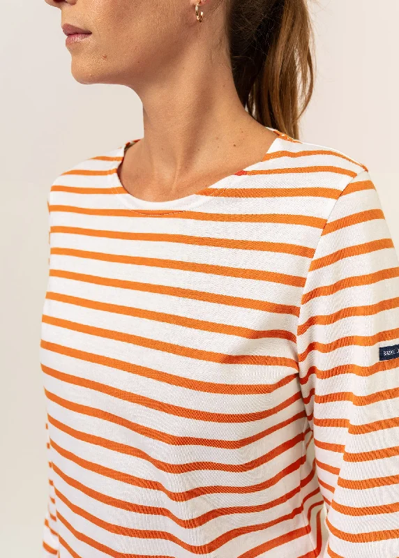 MINQUIDAME - Breton Striped Shirt with Long Sleeve | Soft Cotton | Women Fit (WHITE / NEON ORANGE)