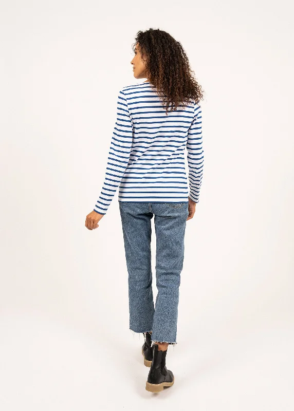 MINQUIDAME - Breton Striped Shirt with Long Sleeve | Soft Cotton | Women Fit (WHITE / ROYAL BLUE)