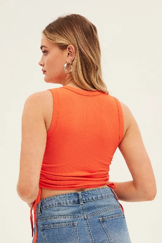 Orange Ruched Tank Top Crew Neck Seamless