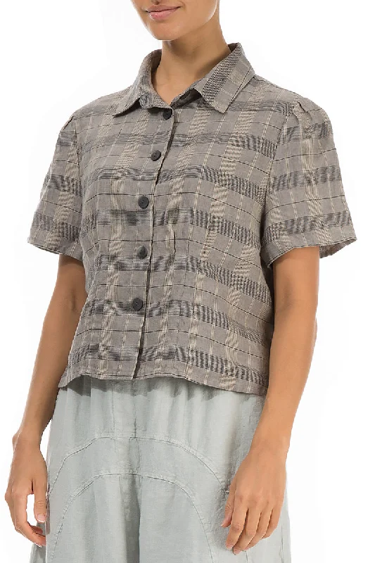 Pin Tucks Greige Check Linen Shirt