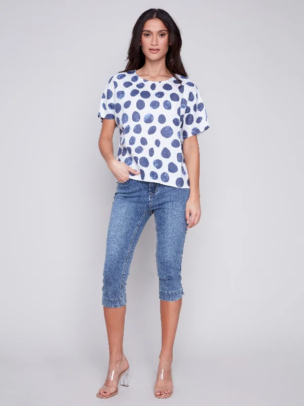 Printed Linen Dolman Top - Dots