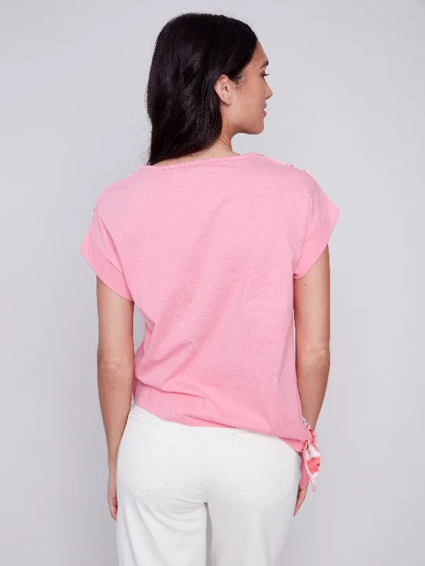 Printed Linen Top with Side Tie - Pink