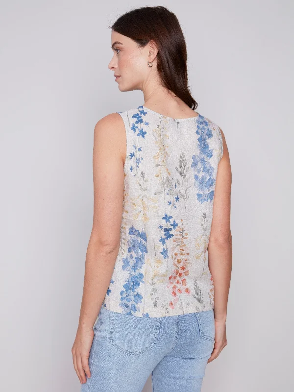 Printed Sleeveless Linen Top with Button Detail - Garden