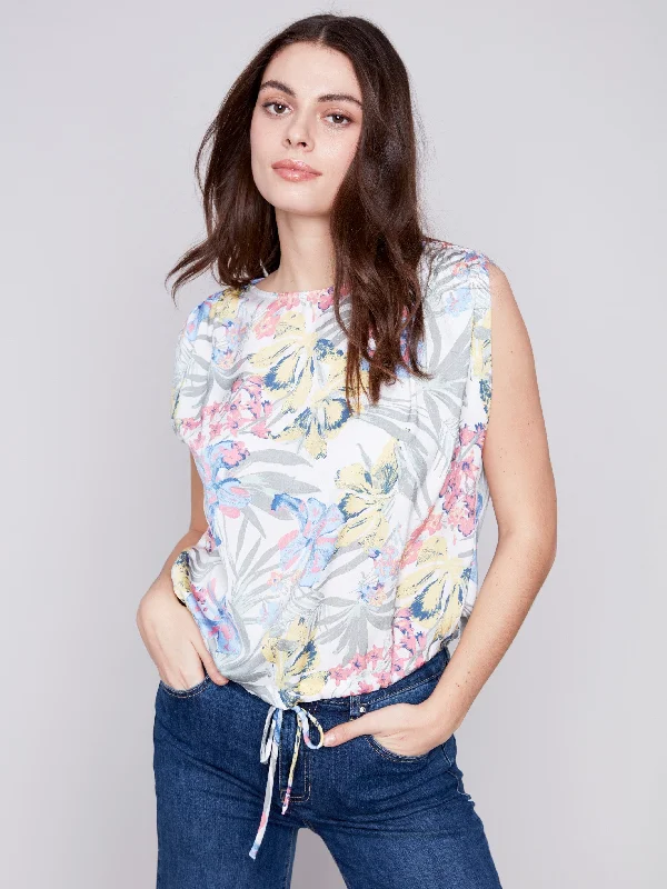 Printed Sleeveless Satin Top with Drawstring - Hawaii