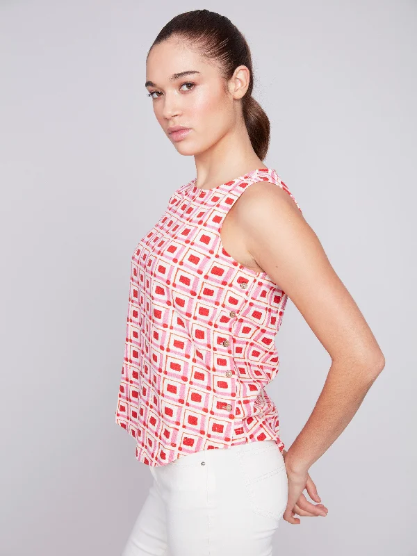 Printed Sleeveless Top with Side Buttons - Cherry