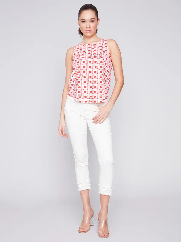 Printed Sleeveless Top with Side Buttons - Cherry