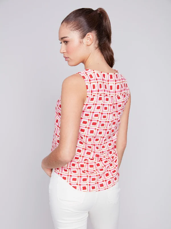 Printed Sleeveless Top with Side Buttons - Cherry