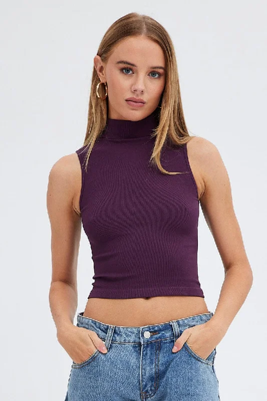 Purple Tank Top Sleeveless High neck Seamless