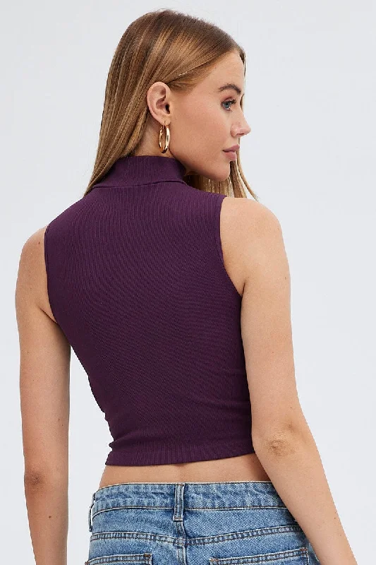 Purple Tank Top Sleeveless High neck Seamless