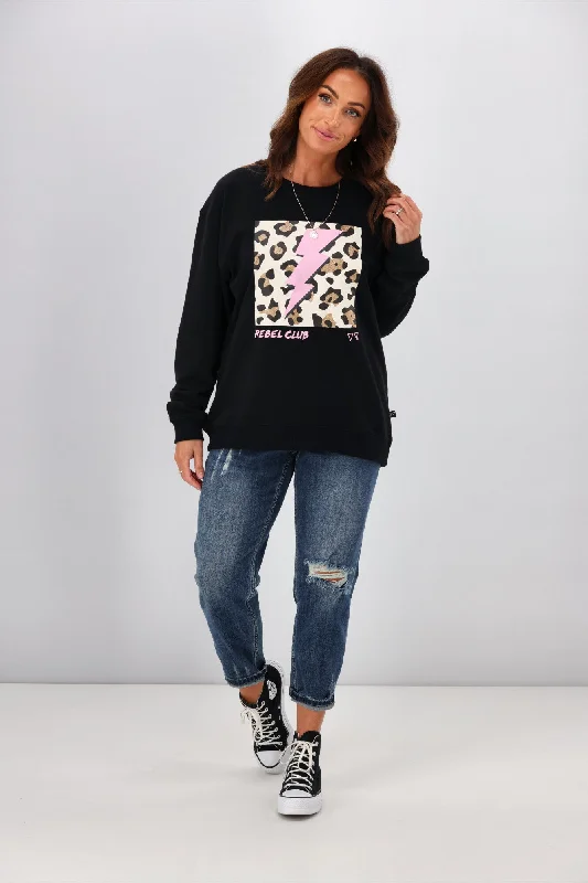 Rebel Club By Shine On Cheetah Bolt Crew Neck Sweat Jet Black