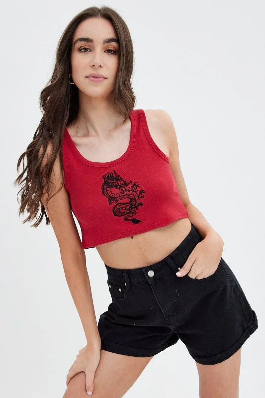 Red Rib Tank Top Dragon Embroidery