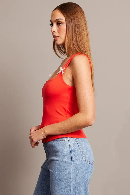 Red Supersoft Tank Scoop Neck Sleeveless Ribbon