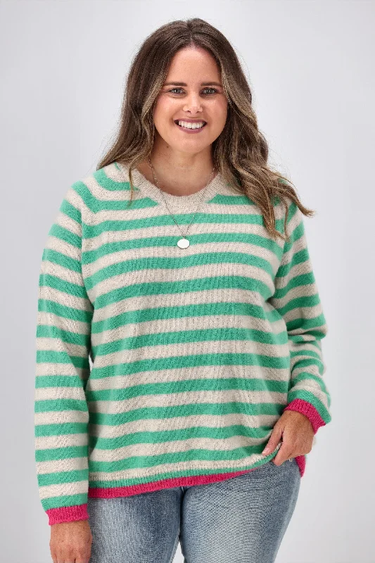 Shine On Label Georgie Striped Colour Pop Jumper Green Oatmeal Stripe