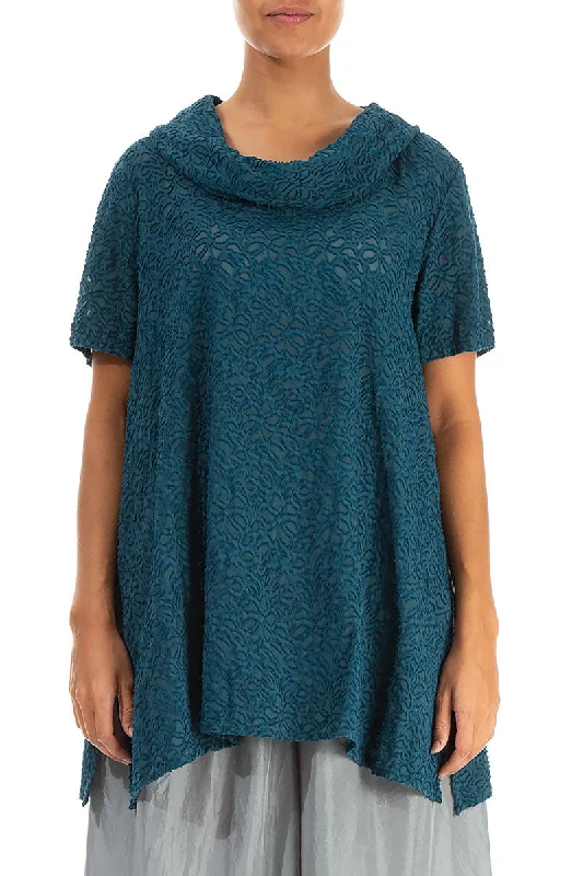 Short Sleeves Floral Dark Teal Silk Tunic