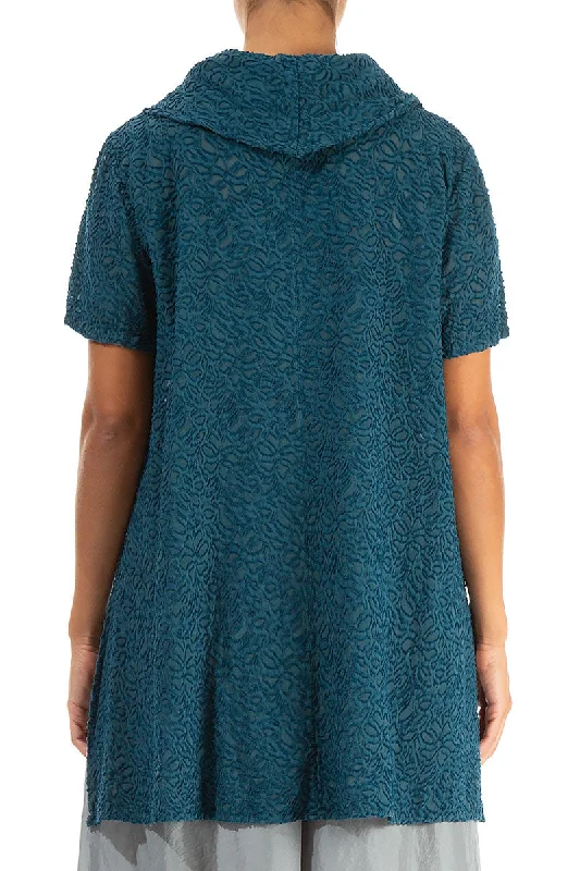 Short Sleeves Floral Dark Teal Silk Tunic