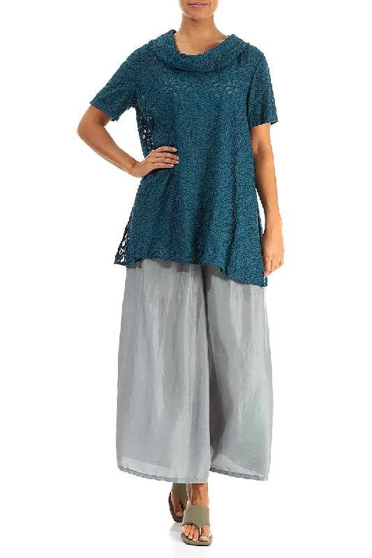 Short Sleeves Floral Dark Teal Silk Tunic