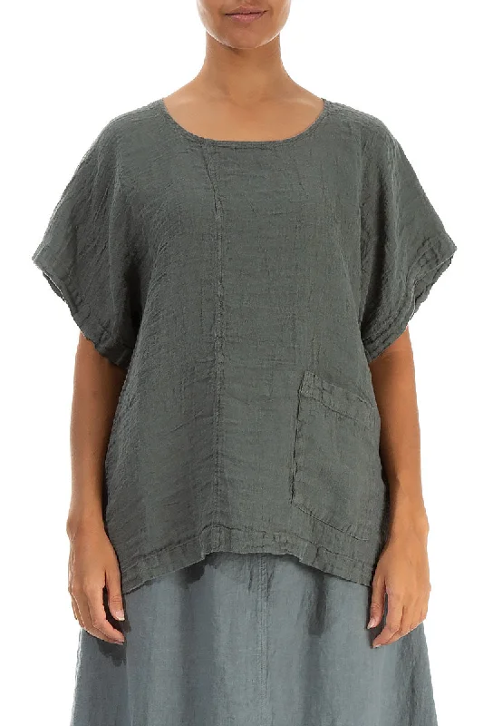 Short Sleeves Sage Linen Blouse