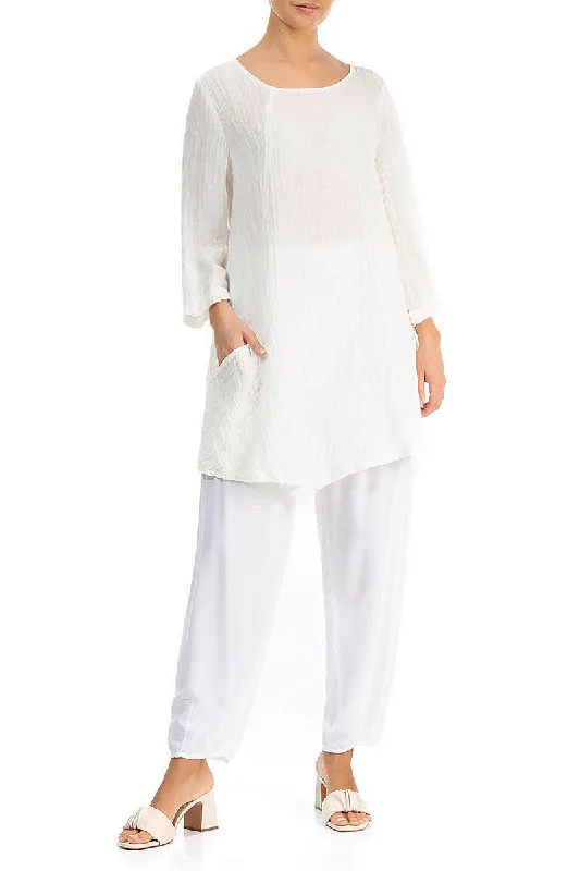 Side Pocket Crinkled Off White Silk Tunic