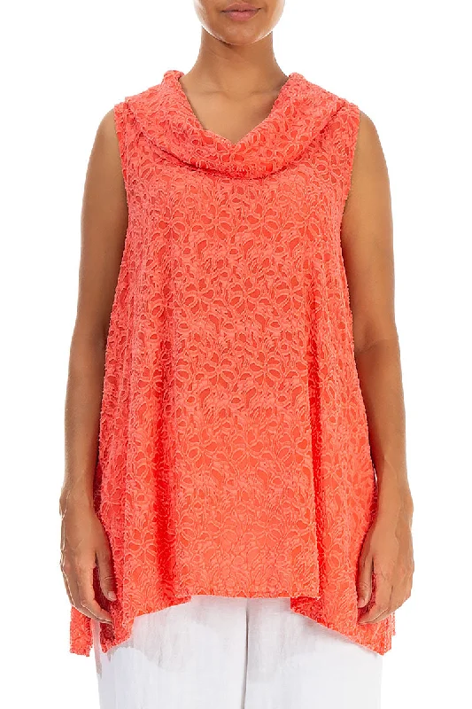 Sleeveless Floral Living Coral Silk Tunic