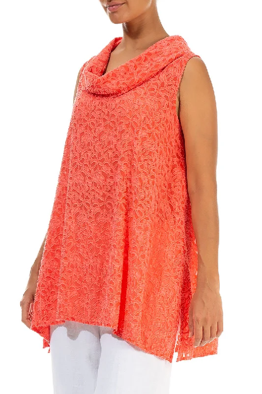 Sleeveless Floral Living Coral Silk Tunic