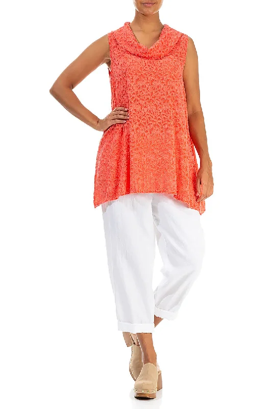 Sleeveless Floral Living Coral Silk Tunic