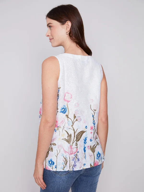 Sleeveless Floral Printed Linen Top - Pastel