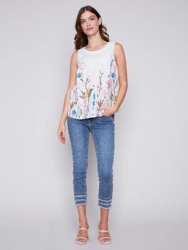 Sleeveless Floral Printed Linen Top - Pastel