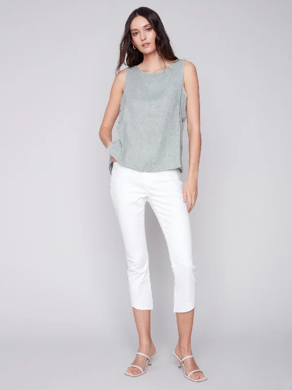 Sleeveless Linen Top with Side Buttons - Celadon