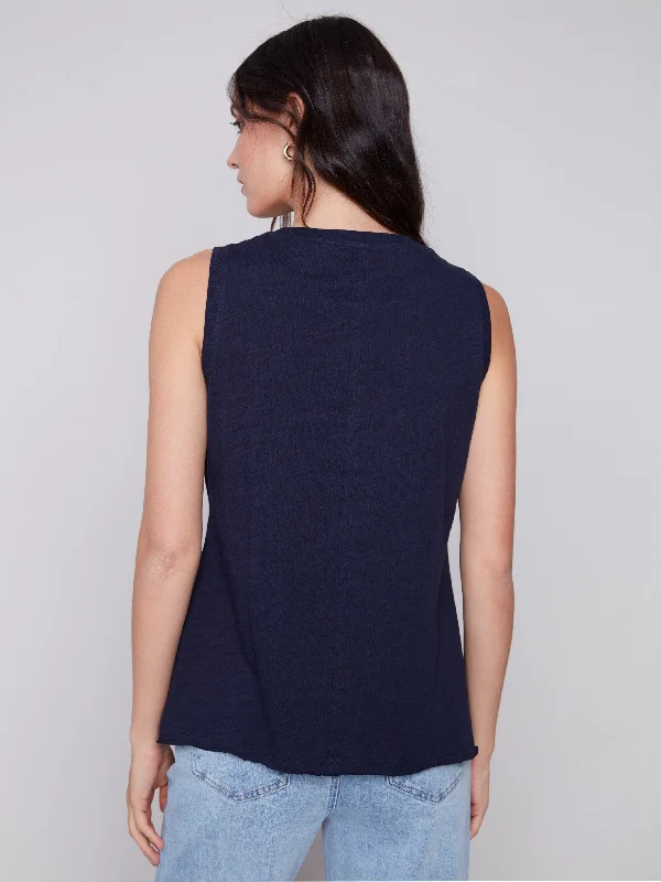 Sleeveless Organic Cotton Slub Knit Top - Navy