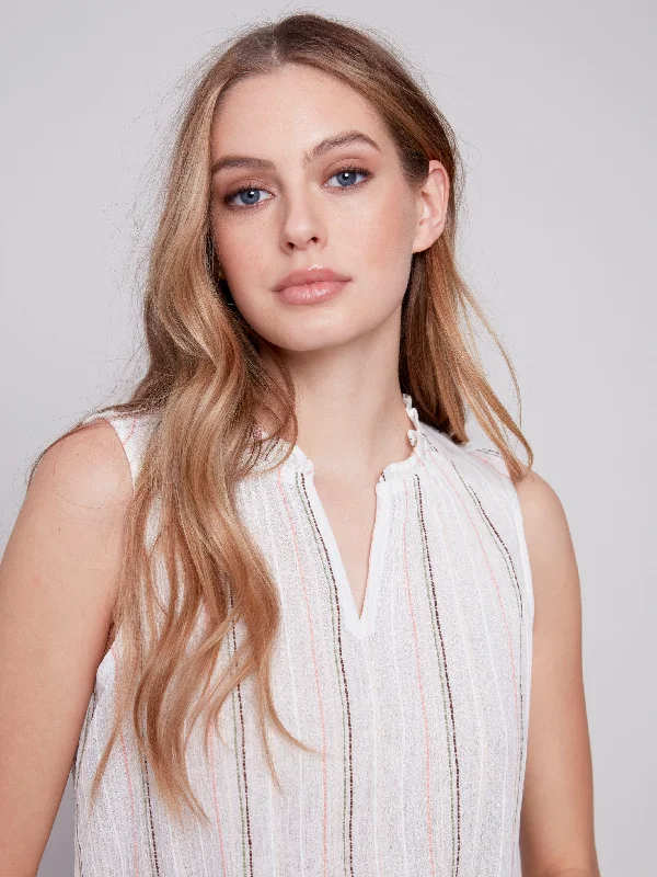 Sleeveless Printed Ruffle Neck Blouse - Stripes