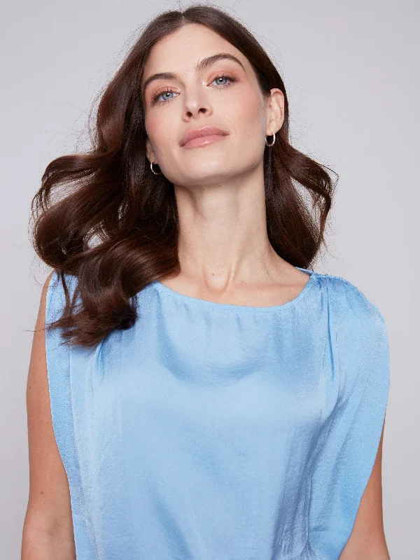 Sleeveless Satin Top with Drawstring - Sky