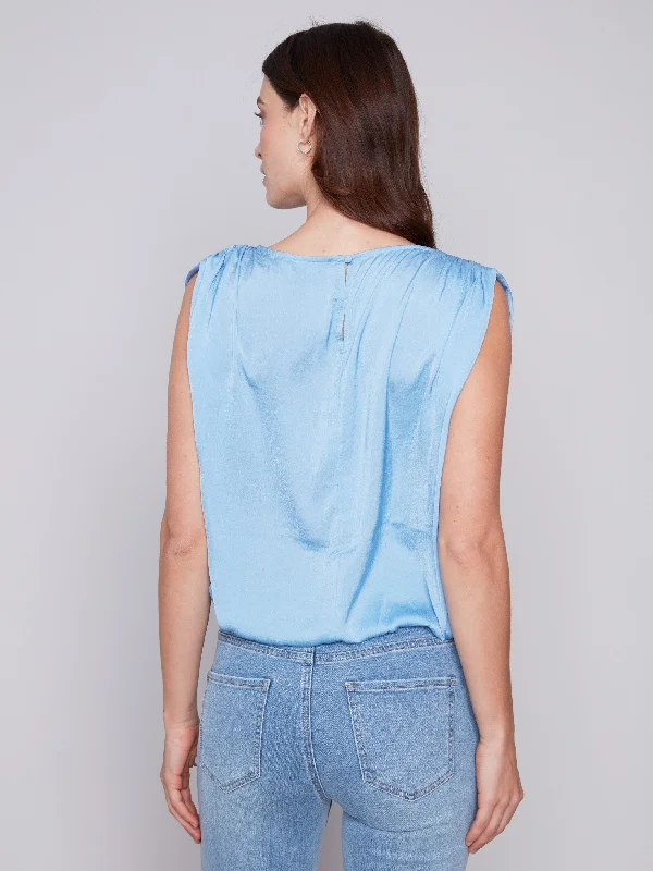 Sleeveless Satin Top with Drawstring - Sky