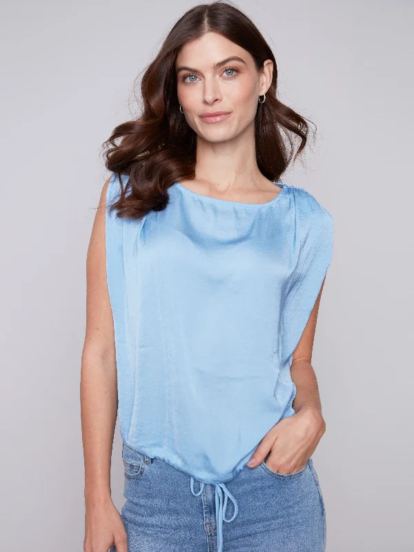 Sleeveless Satin Top with Drawstring - Sky