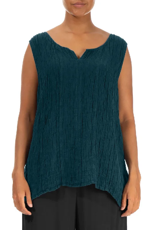 Sweetheart Neck Crinkled Dark Teal Silk Top