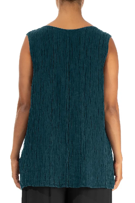 Sweetheart Neck Crinkled Dark Teal Silk Top