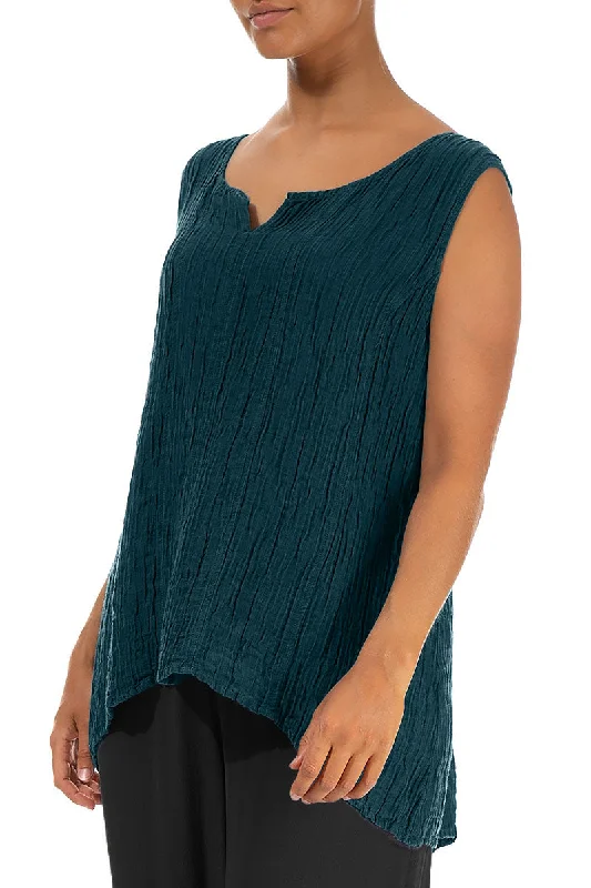 Sweetheart Neck Crinkled Dark Teal Silk Top