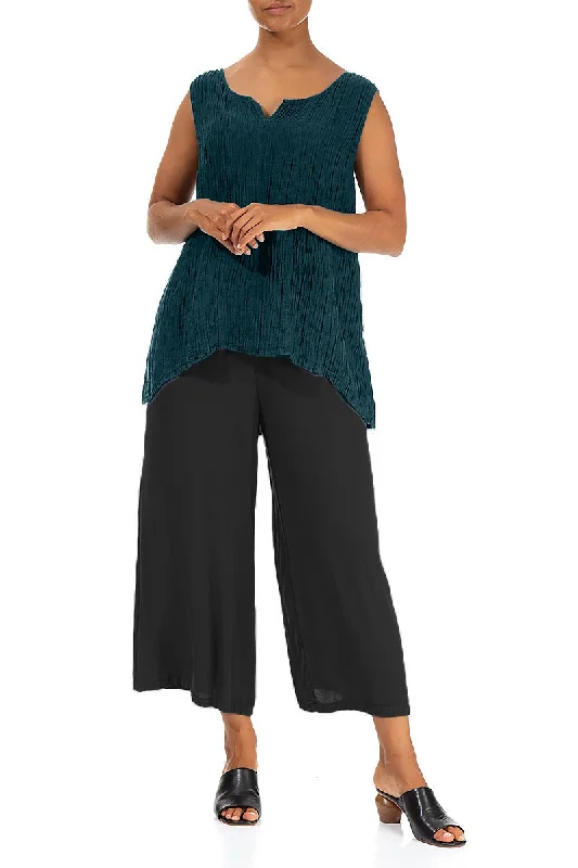 Sweetheart Neck Crinkled Dark Teal Silk Top