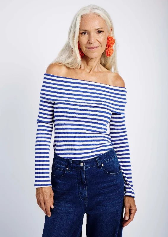 Off the Shoulder Knit Top in Blue and Bone Stripe