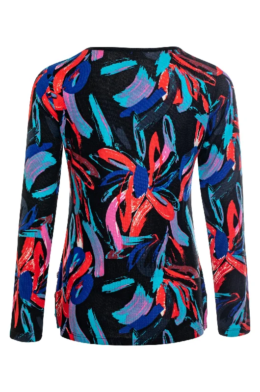 Round neck printed Warm Touch Top | Bright Blk Brshstroke | 7903ZZ